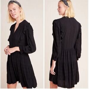 Amadi Rossi Anthropologie Ruffle Mini Tunic Dress Size S Black Long Sleeve Boho
